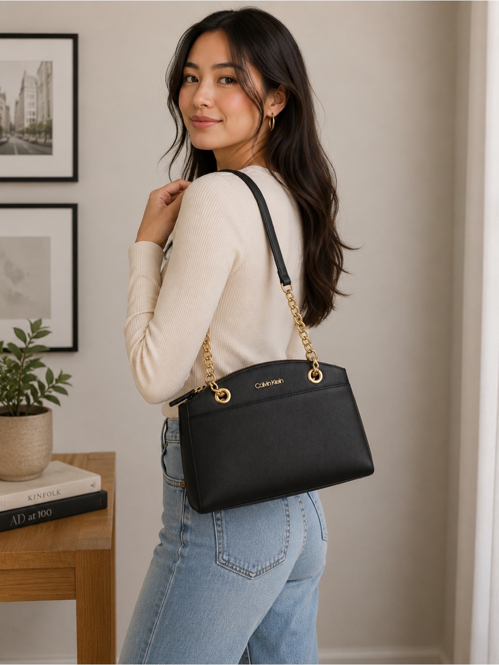 Calvin Klein Black Saffiano Chain Strap Satchel Tote Bag + Adjustable Strap